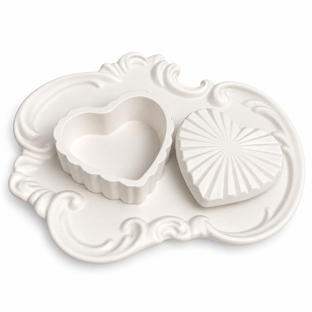 Ornate Tray & Heart Trinket Box Set — White Gypsum on a clean white background