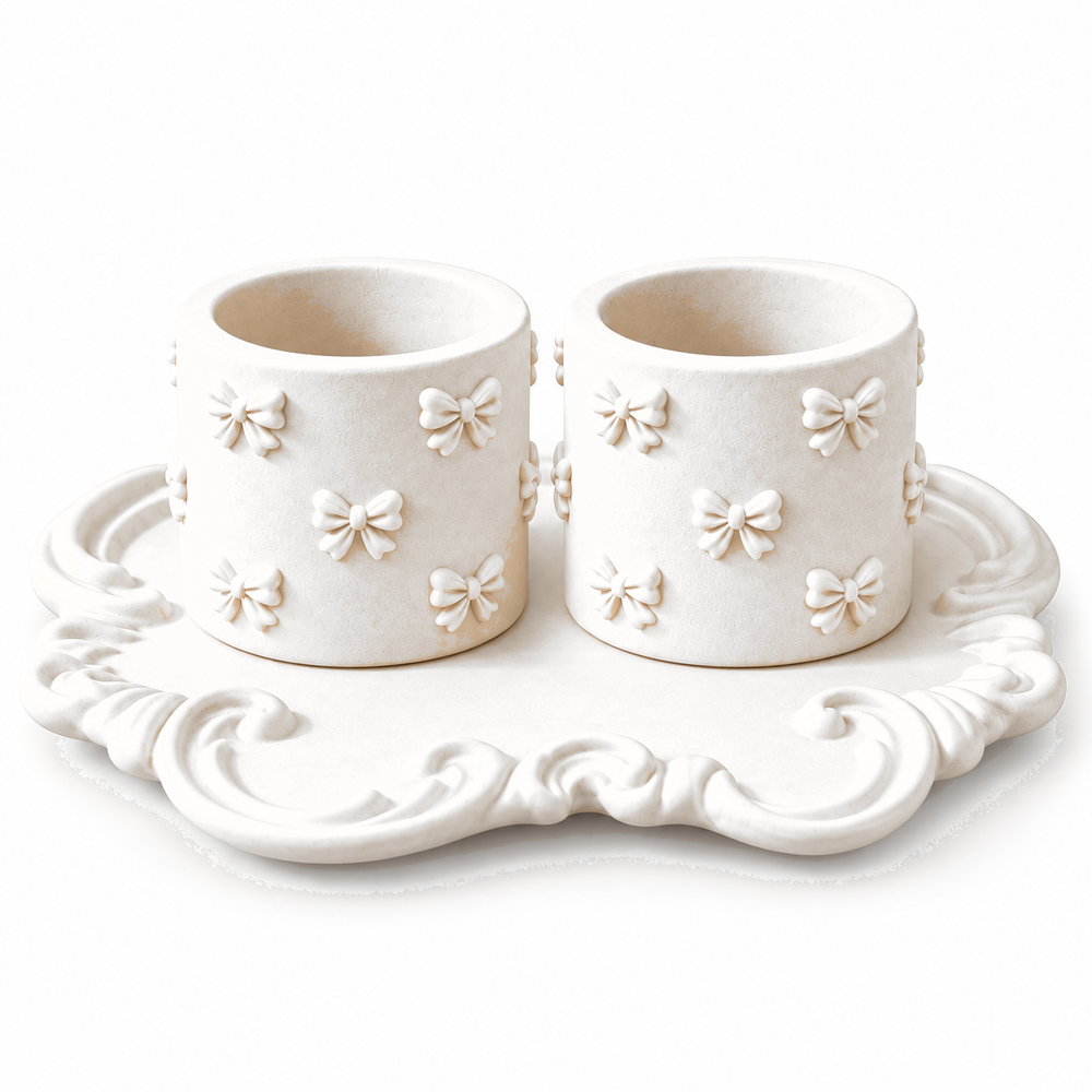 Ornate Tray with 2 Bow Holders — White Gypsum Set on a clean white background