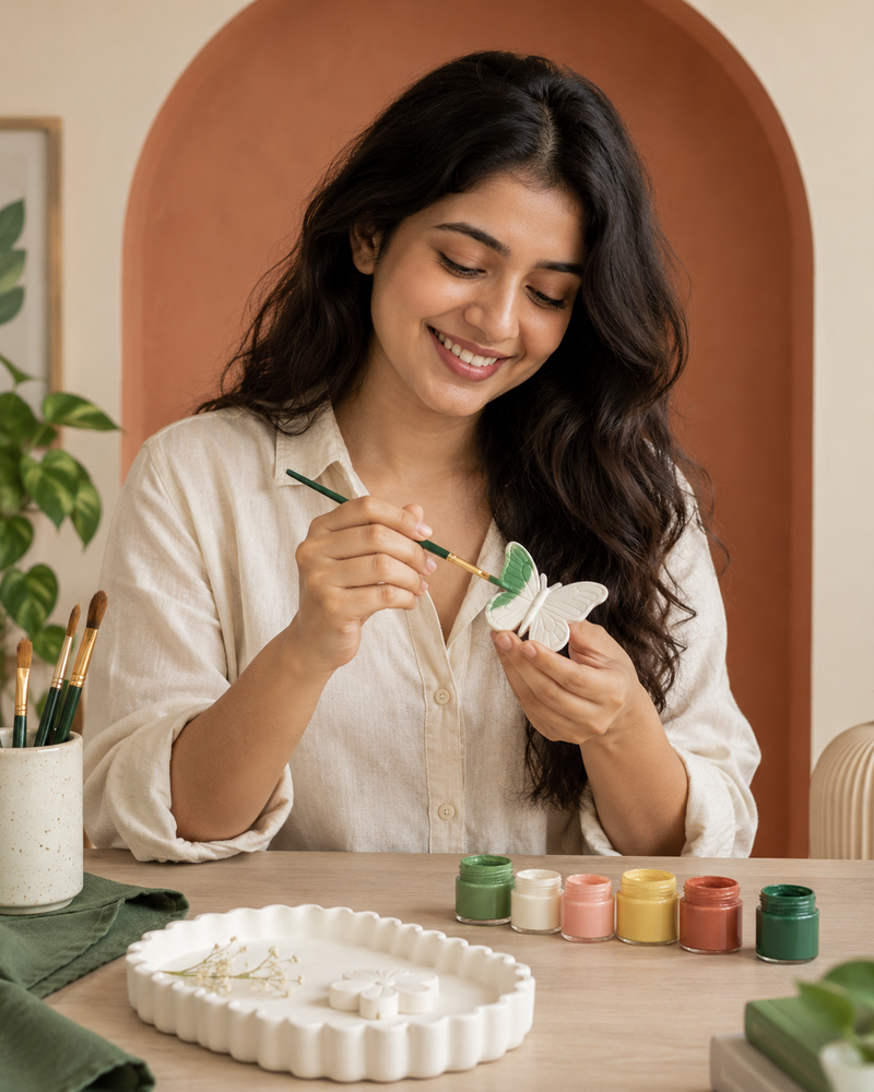 Lifestyle inspiration: painting a plaster butterfly at a craft table