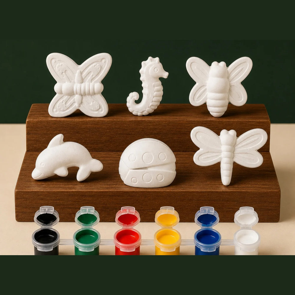 Nature 6-Figure DIY plaster of paris painting kit for kids — unpainted pieces with six paint colours and a brush