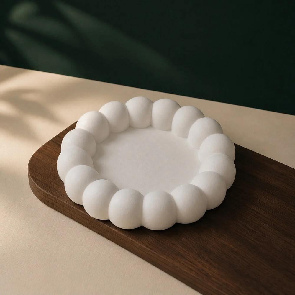 Round Bubble Trinket Tray — handmade plaster of paris jewellery tray in warm white, cast in India