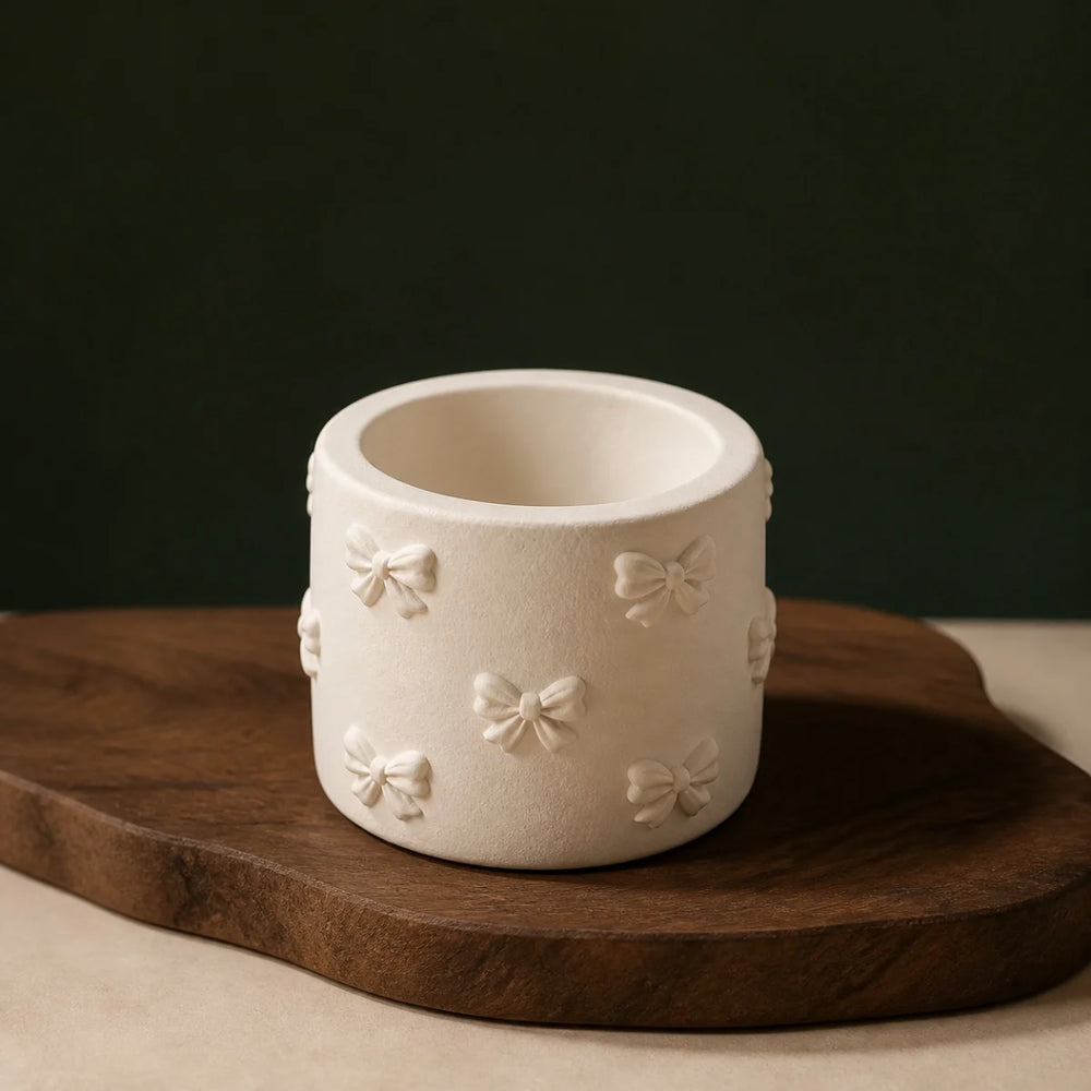Bow-Detail Organizer Cup — handmade plaster of paris desk and vanity organizer in warm white