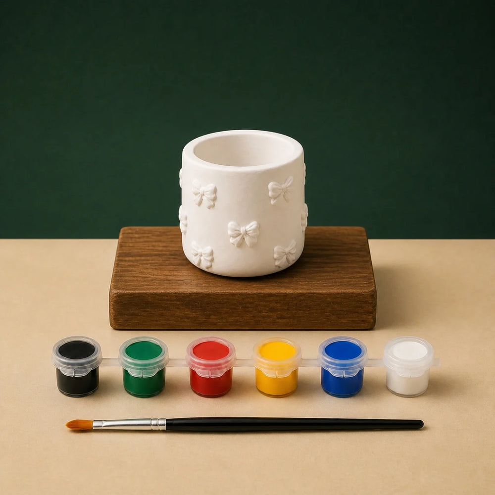 Bow-Detail Organizer Cup DIY plaster of paris painting kit for kids — unpainted pieces with six paint colours and a brush