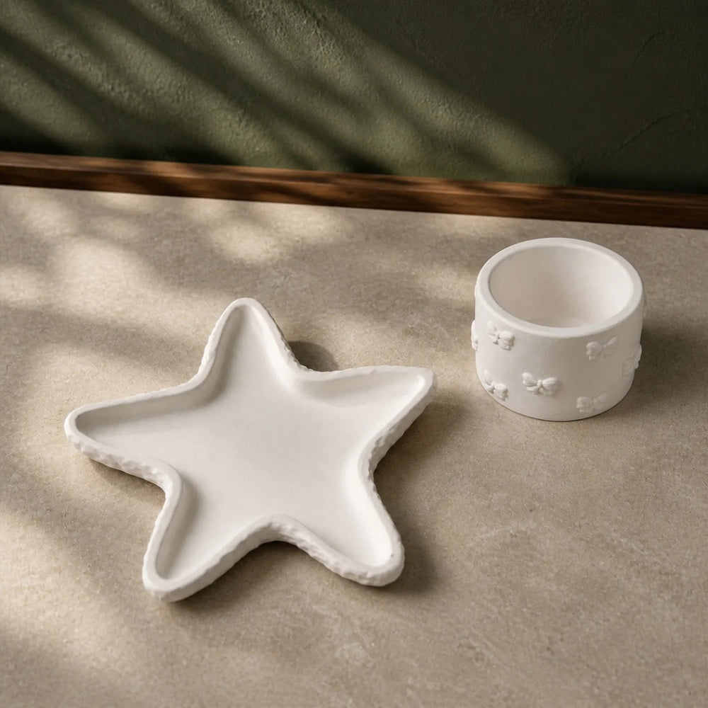 Starfish Tray and Bow Holder Set — handmade plaster of paris trinket tray and organizer cup in warm white