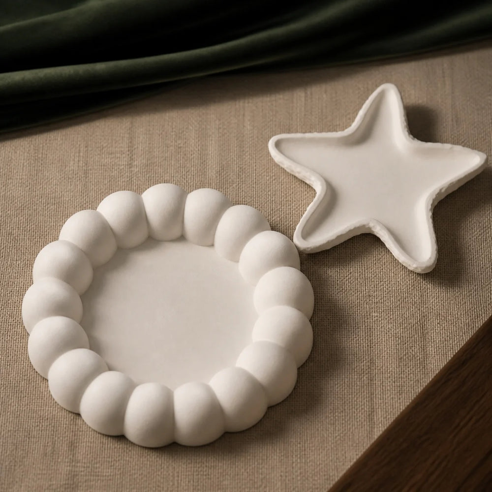 Bubble and Starfish Tray Set — two handmade plaster of paris trinket trays in warm white