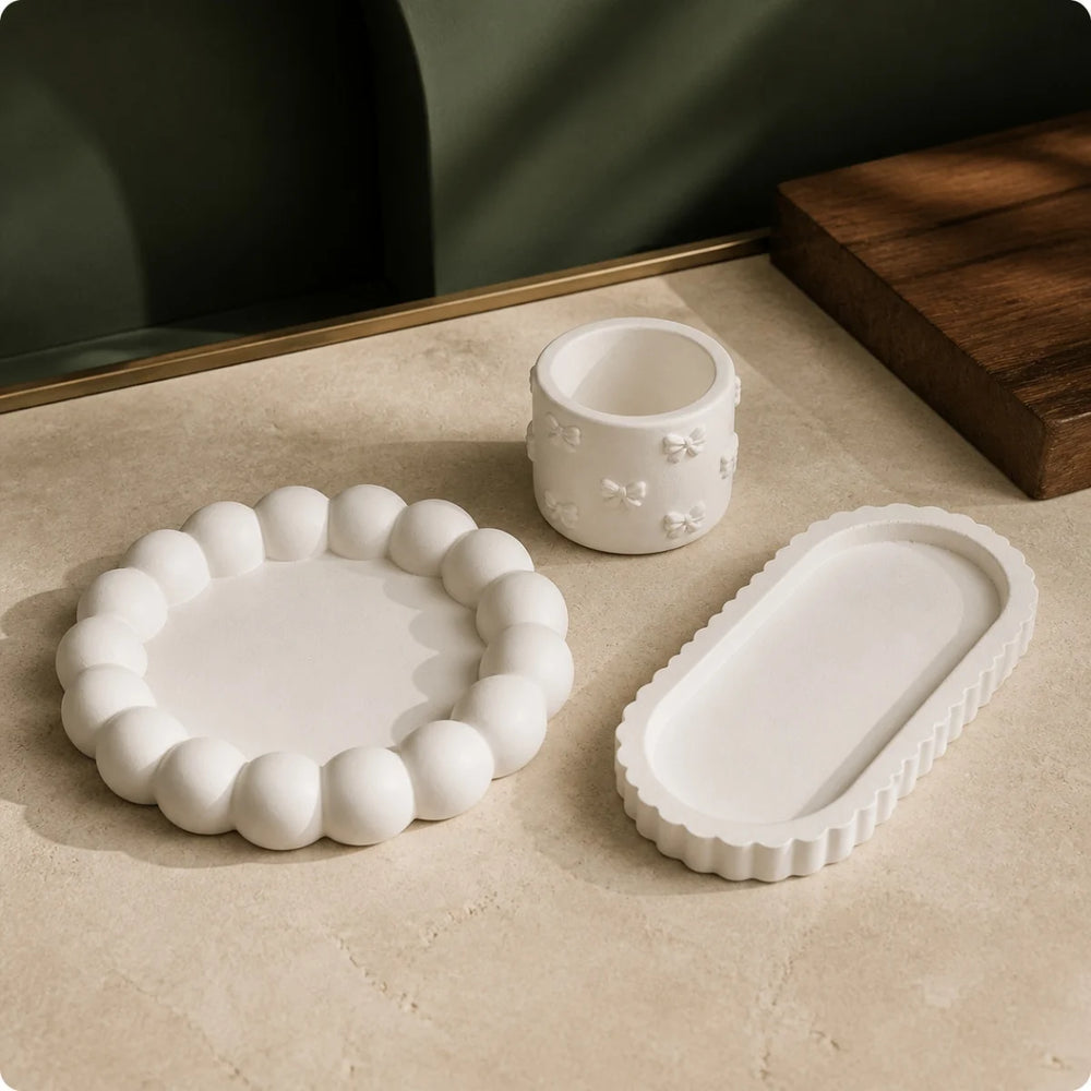 Bubble Oval and Bow 3-Piece Set — handmade plaster of paris trays and organizer cup in warm white
