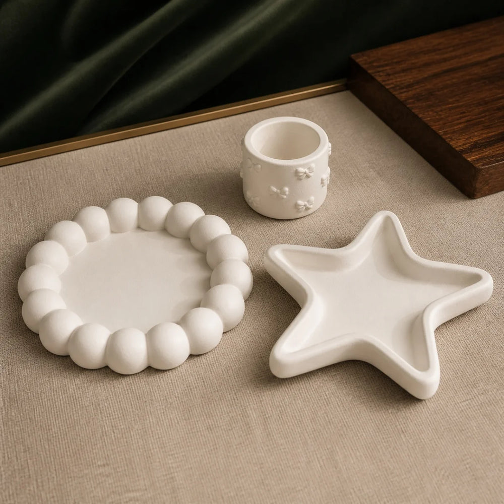 Bubble Starfish and Bow 3-Piece Set — handmade plaster of paris trays and organizer cup in warm white