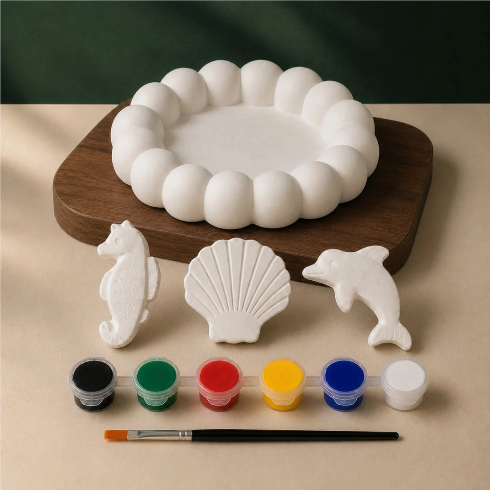 Bubble Tray Sea Trio DIY plaster of paris painting kit for kids — unpainted pieces with six paint colours and a brush