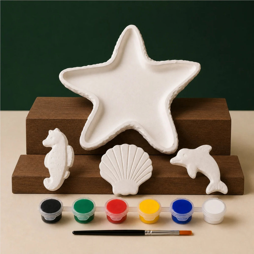 Starfish Tray Sea Trio DIY plaster of paris painting kit for kids — unpainted pieces with six paint colours and a brush