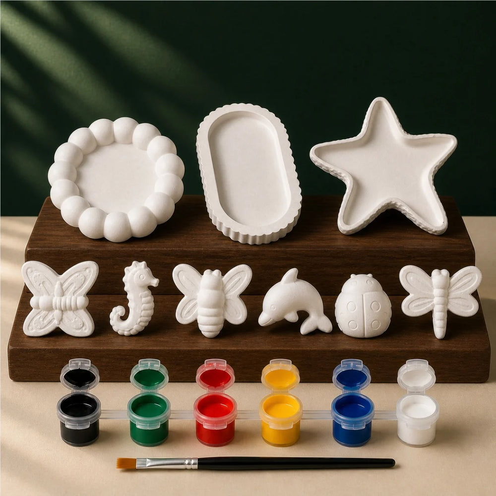 Three Tray Nature Six DIY plaster of paris painting kit for kids — unpainted pieces with six paint colours and a brush