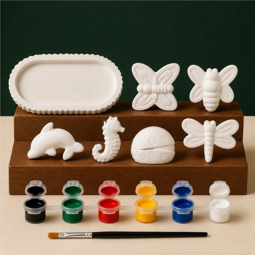 Oval Tray Nature Six DIY plaster of paris painting kit for kids — unpainted pieces with six paint colours and a brush