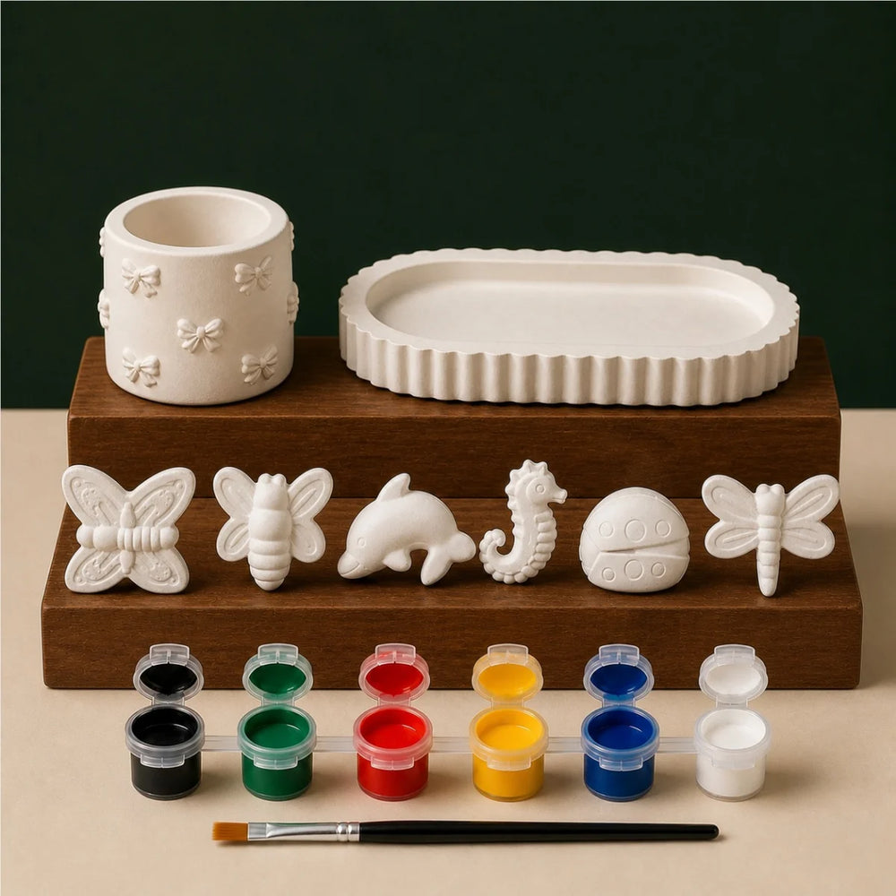 Oval Bow Nature Six DIY plaster of paris painting kit for kids — unpainted pieces with six paint colours and a brush