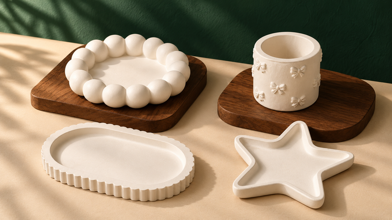 Four handmade white plaster desk décor pieces—bubble tray, oval tray, star tray and bow organiser—on warm wood against a forest-green backdrop