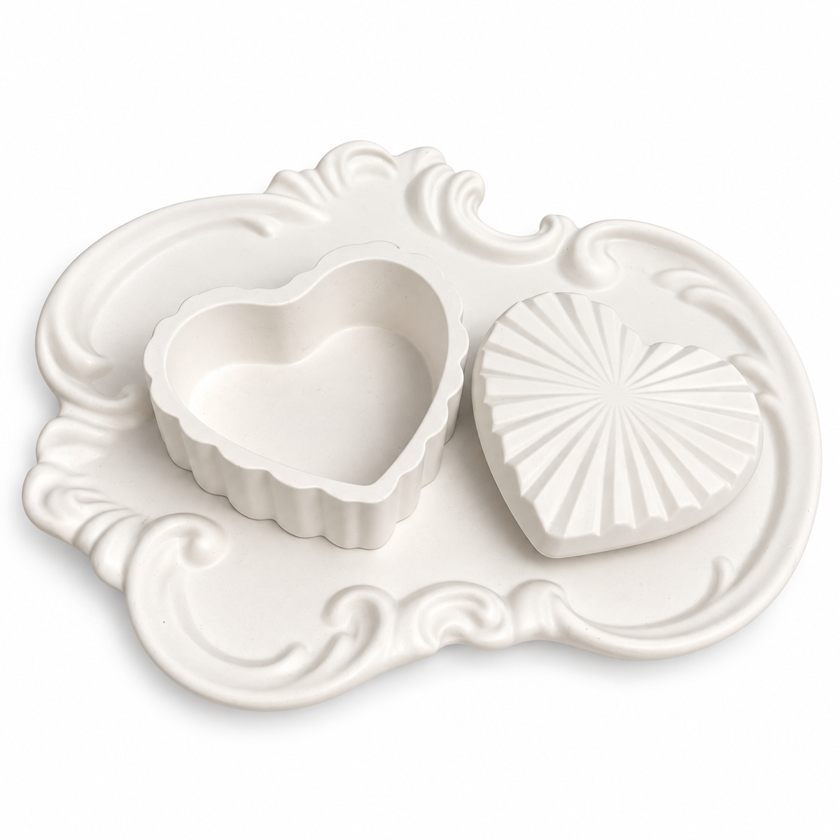 Ornate Tray & Heart Trinket Box Set — White Gypsum on a clean white background