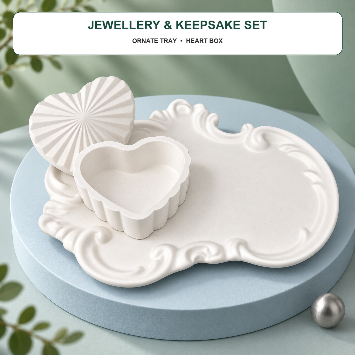 Ornate Tray & Heart Trinket Box Set — White Gypsum styled in a modern home