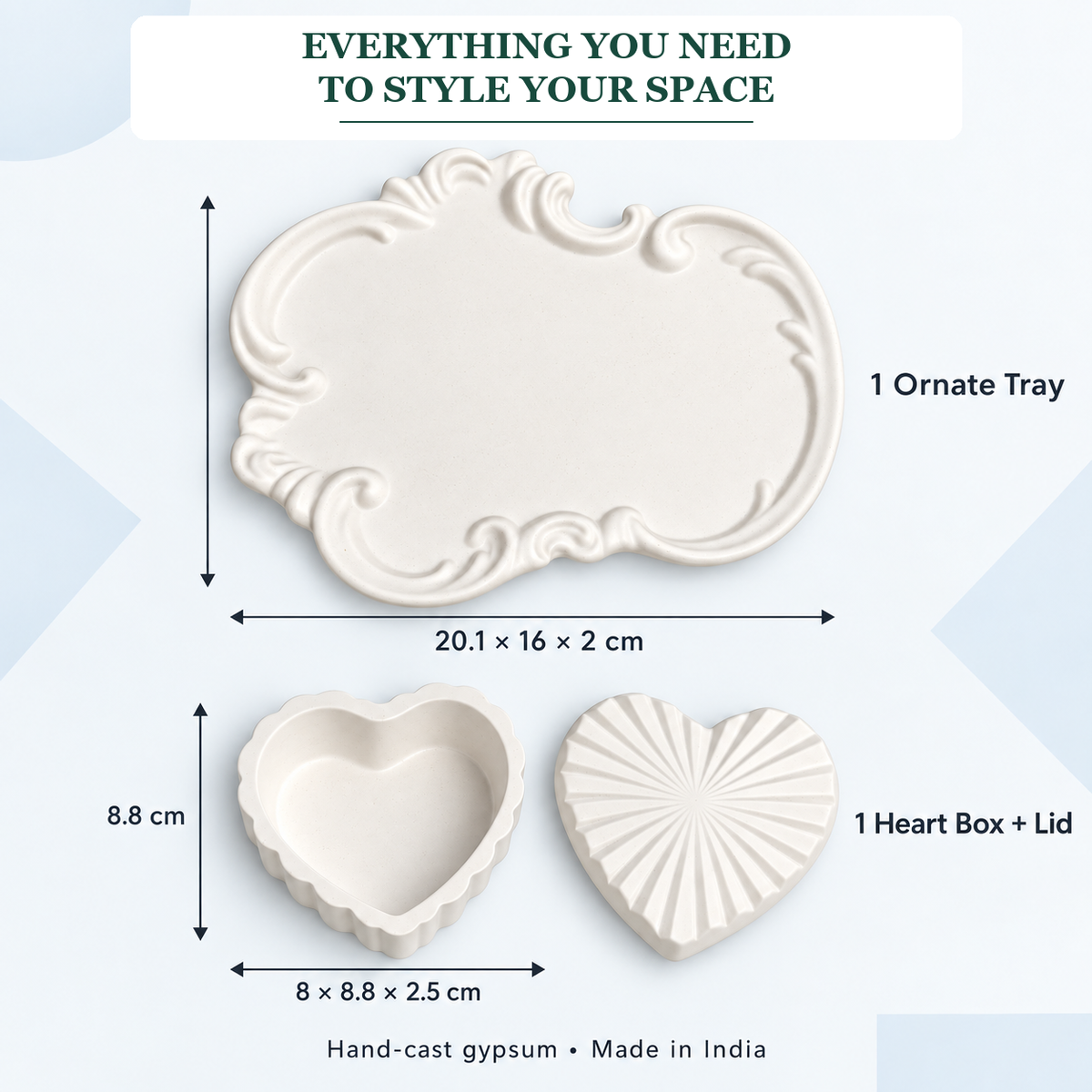 What is included and approximate sizes for Ornate Tray & Heart Trinket Box Set — White Gypsum