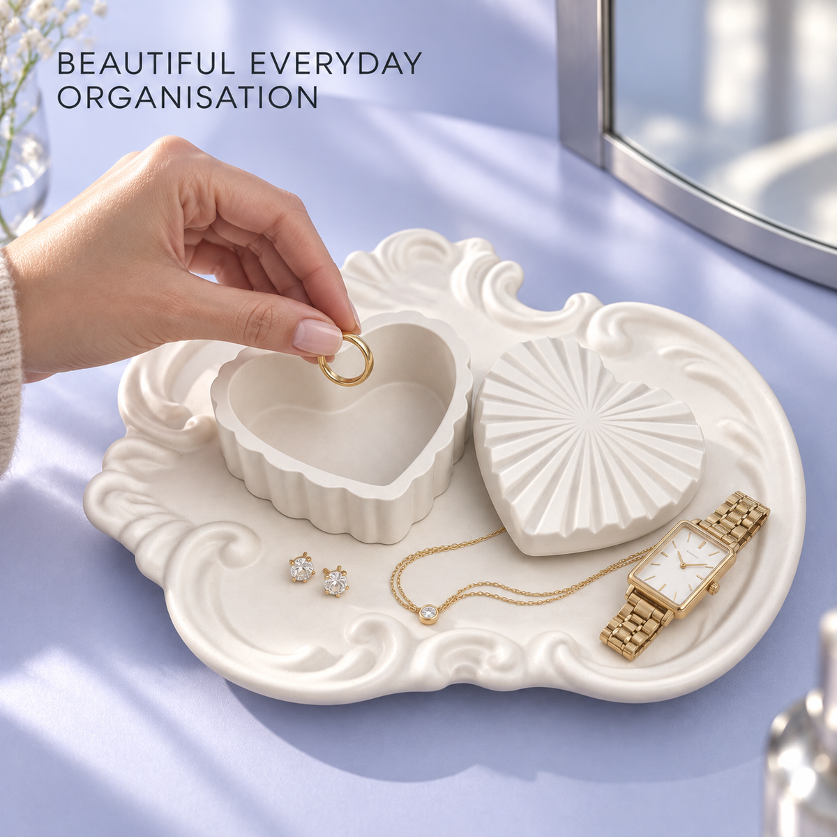Ornate Tray & Heart Trinket Box Set — White Gypsum shown in everyday use