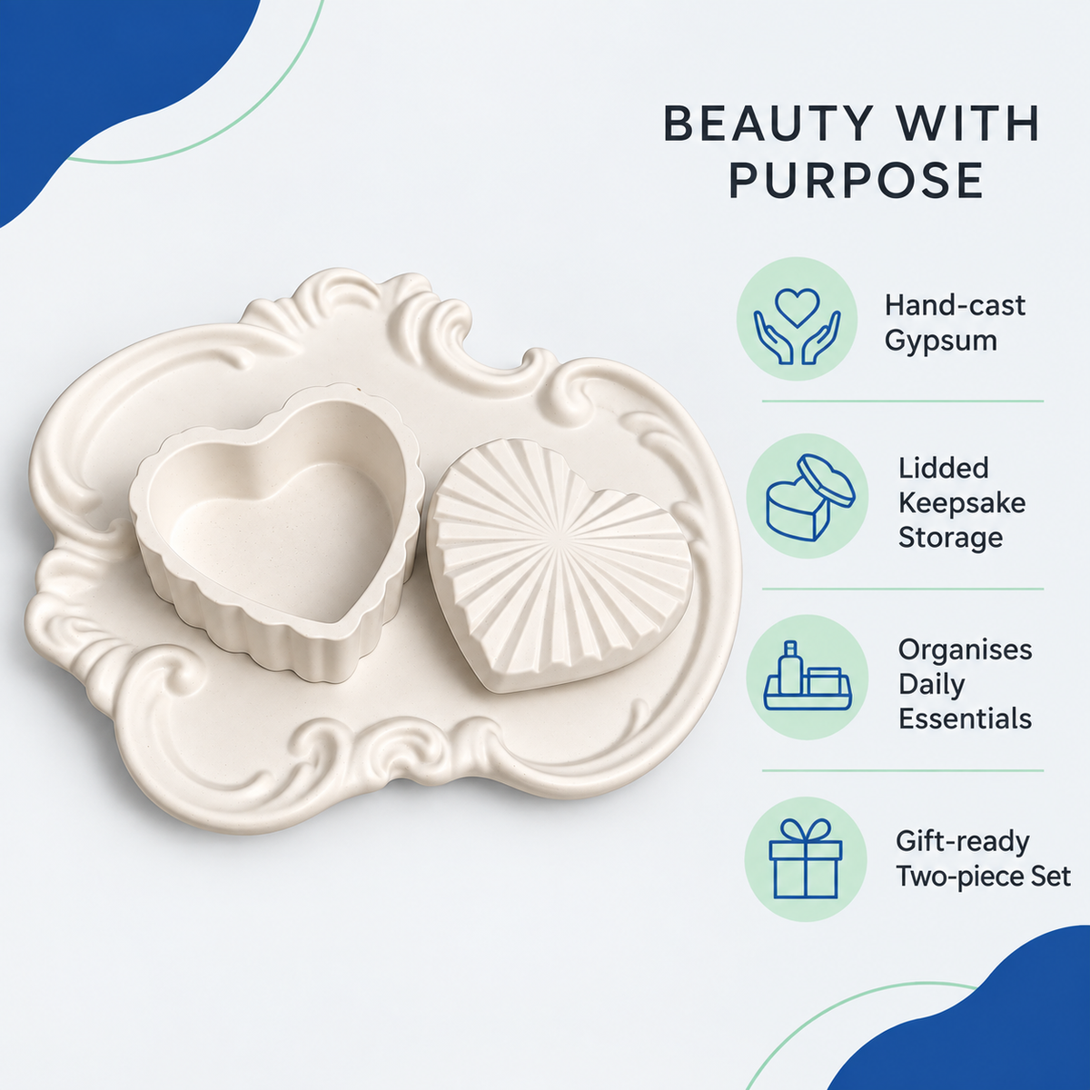 Features and benefits of Ornate Tray & Heart Trinket Box Set — White Gypsum