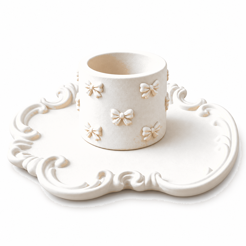 Ornate Vanity Tray & Bow Holder Set — White Gypsum on a clean white background