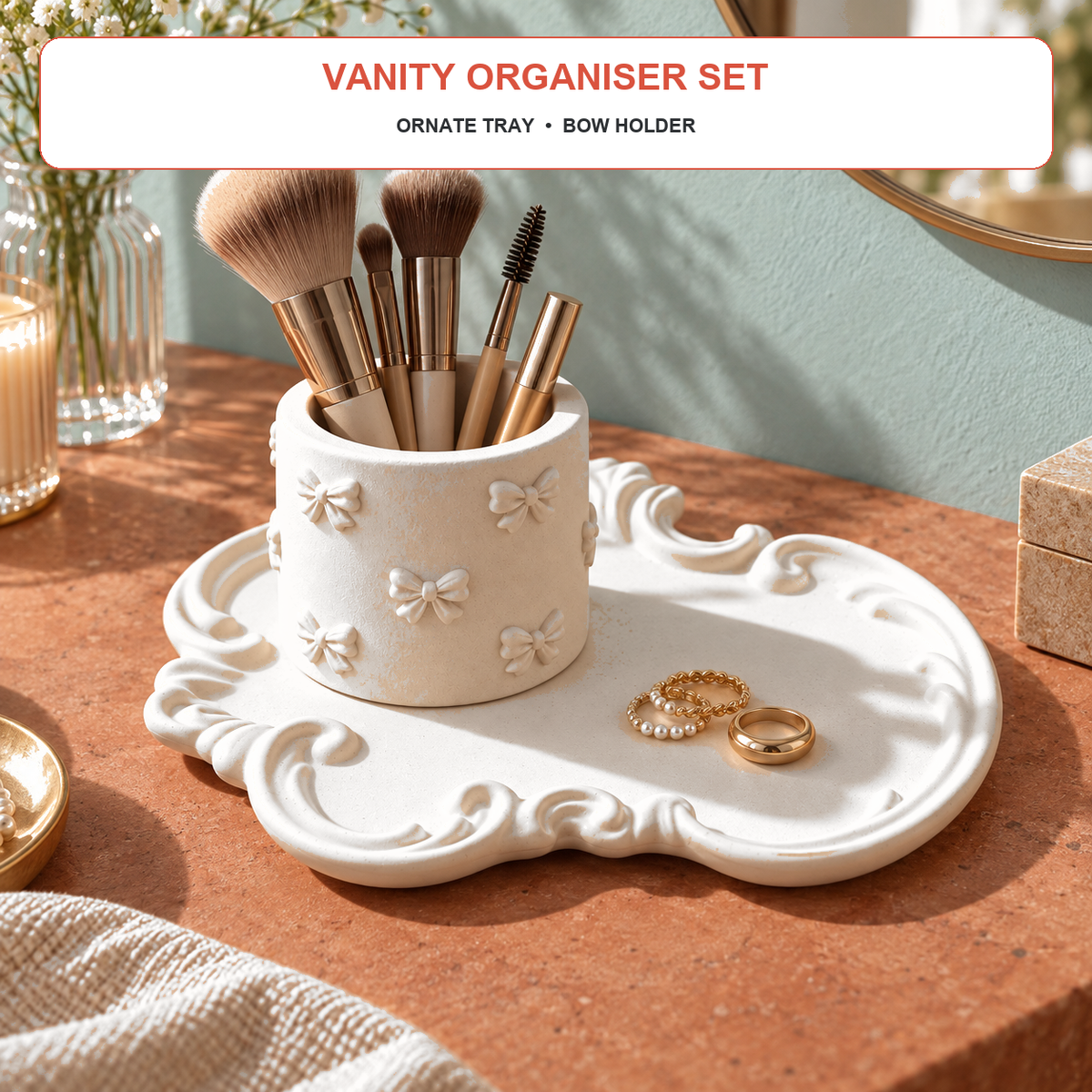 Ornate Vanity Tray & Bow Holder Set — White Gypsum styled in a modern home