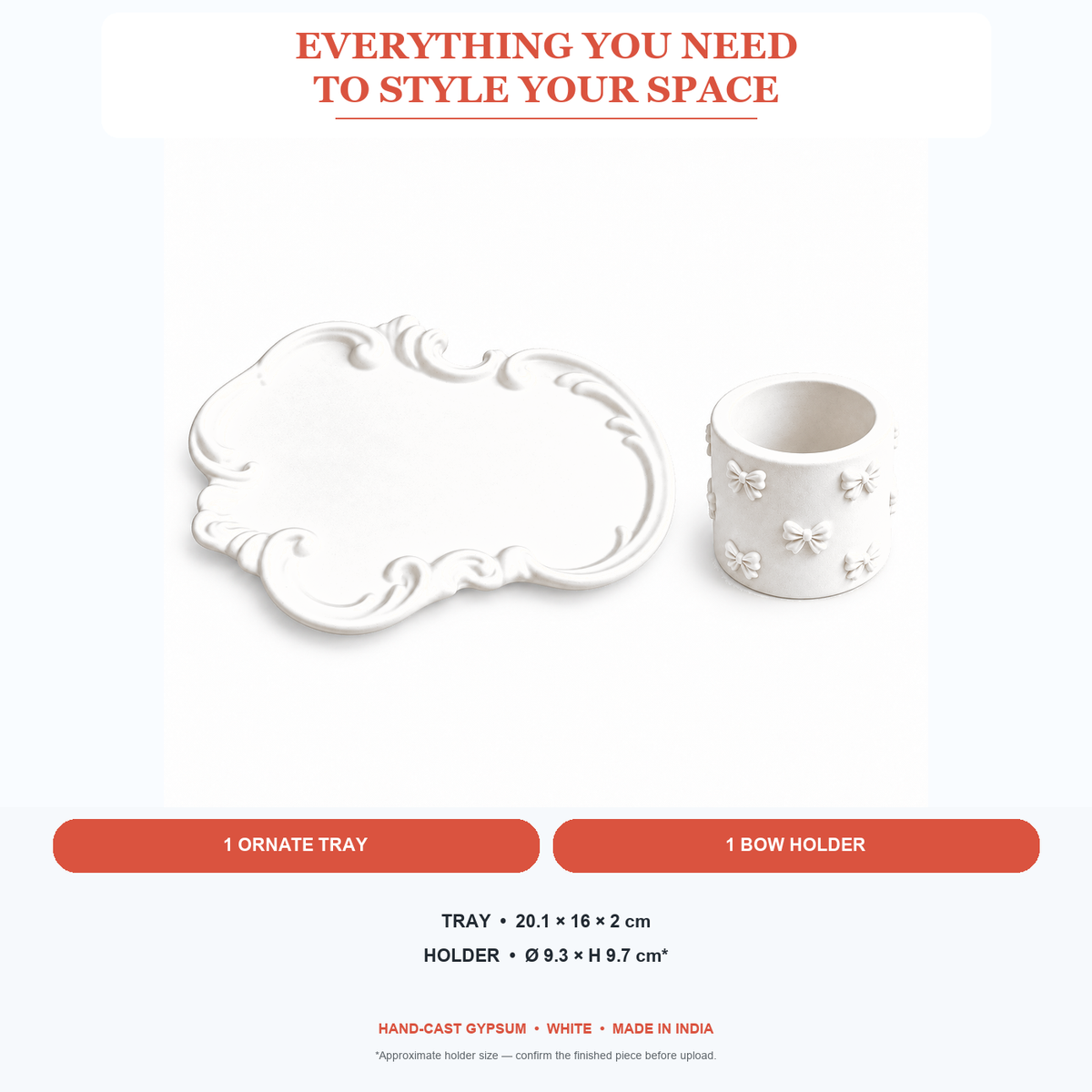 What is included and approximate sizes for Ornate Vanity Tray & Bow Holder Set — White Gypsum