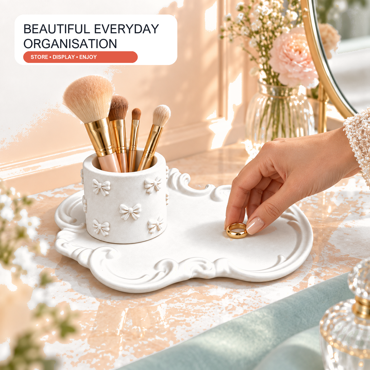 Ornate Vanity Tray & Bow Holder Set — White Gypsum shown in everyday use