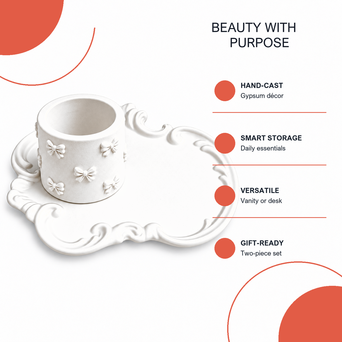 Features and benefits of Ornate Vanity Tray & Bow Holder Set — White Gypsum