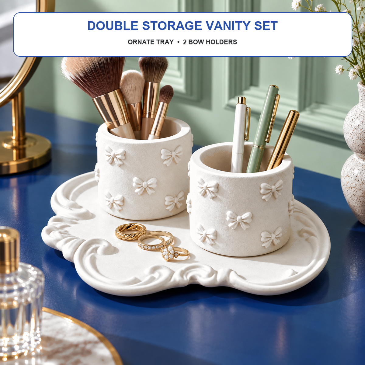 Ornate Tray with 2 Bow Holders — White Gypsum Set styled in a modern home
