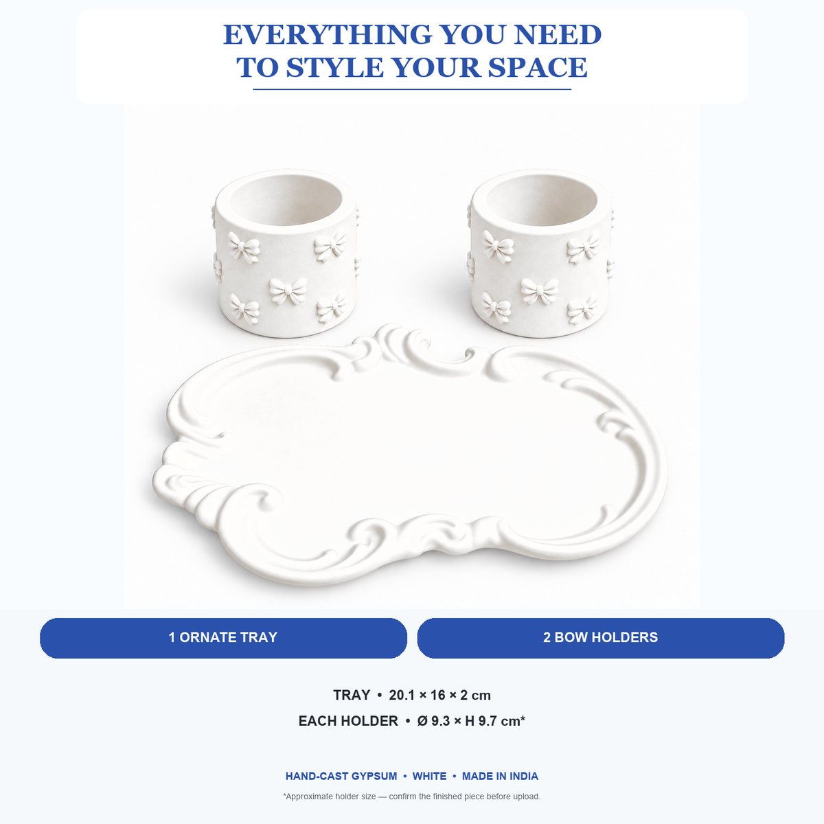 What is included and approximate sizes for Ornate Tray with 2 Bow Holders — White Gypsum Set