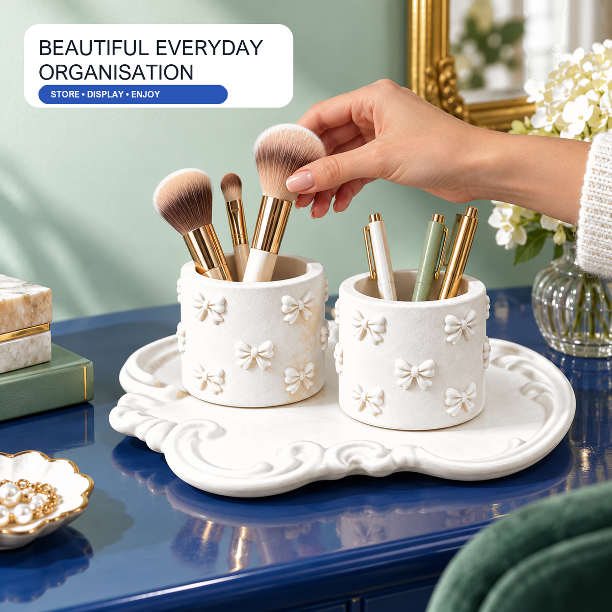 Ornate Tray with 2 Bow Holders — White Gypsum Set shown in everyday use