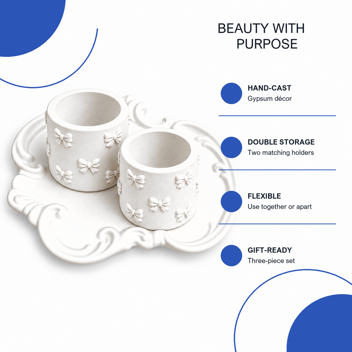 Features and benefits of Ornate Tray with 2 Bow Holders — White Gypsum Set