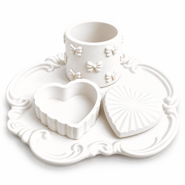 Ornate Tray, Heart Box & Bow Holder — White Gypsum
