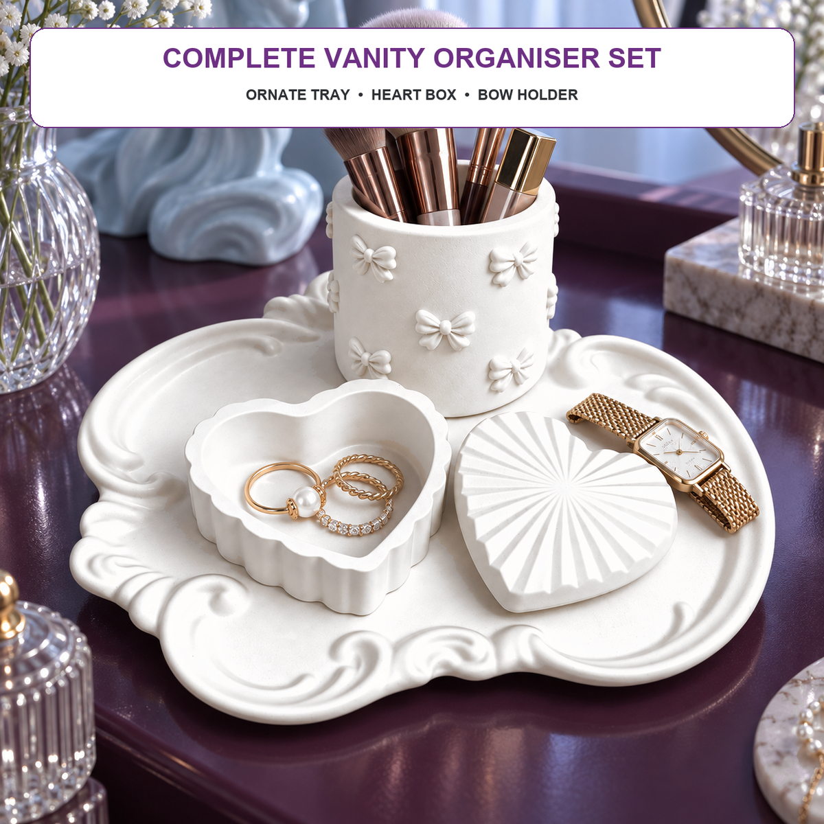 Ornate Tray, Heart Box & Bow Holder — White Gypsum styled in a modern home