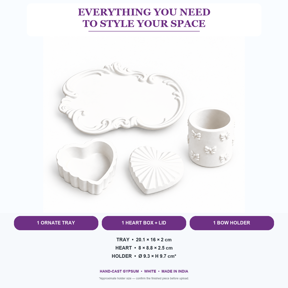 What is included and approximate sizes for Ornate Tray, Heart Box & Bow Holder — White Gypsum