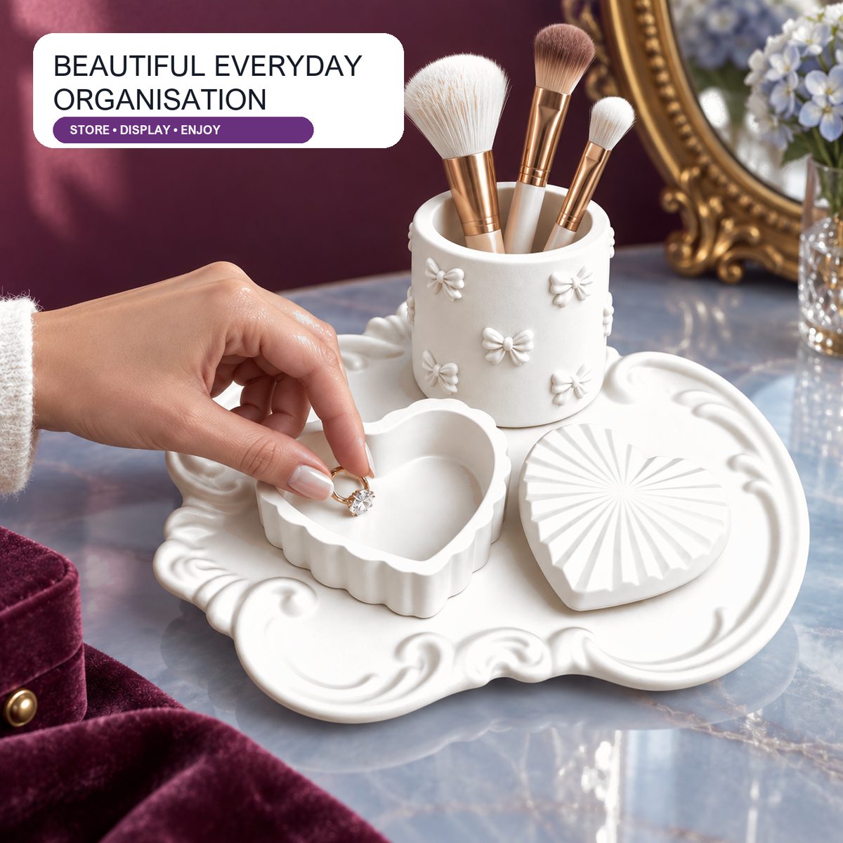 Ornate Tray, Heart Box & Bow Holder — White Gypsum shown in everyday use