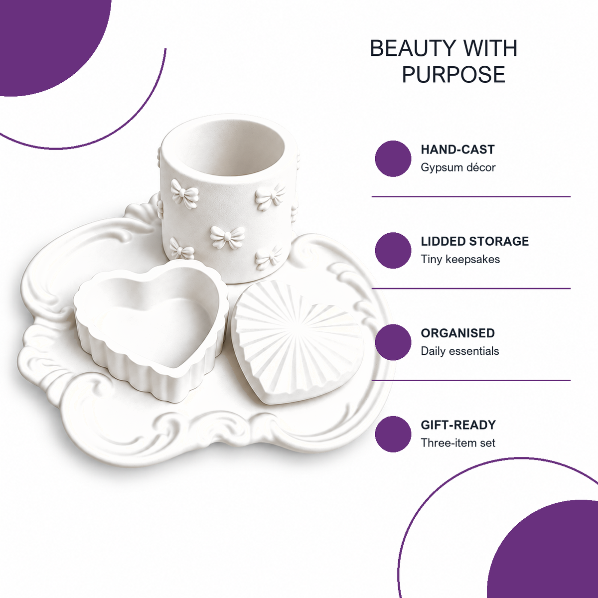 Features and benefits of Ornate Tray, Heart Box & Bow Holder — White Gypsum