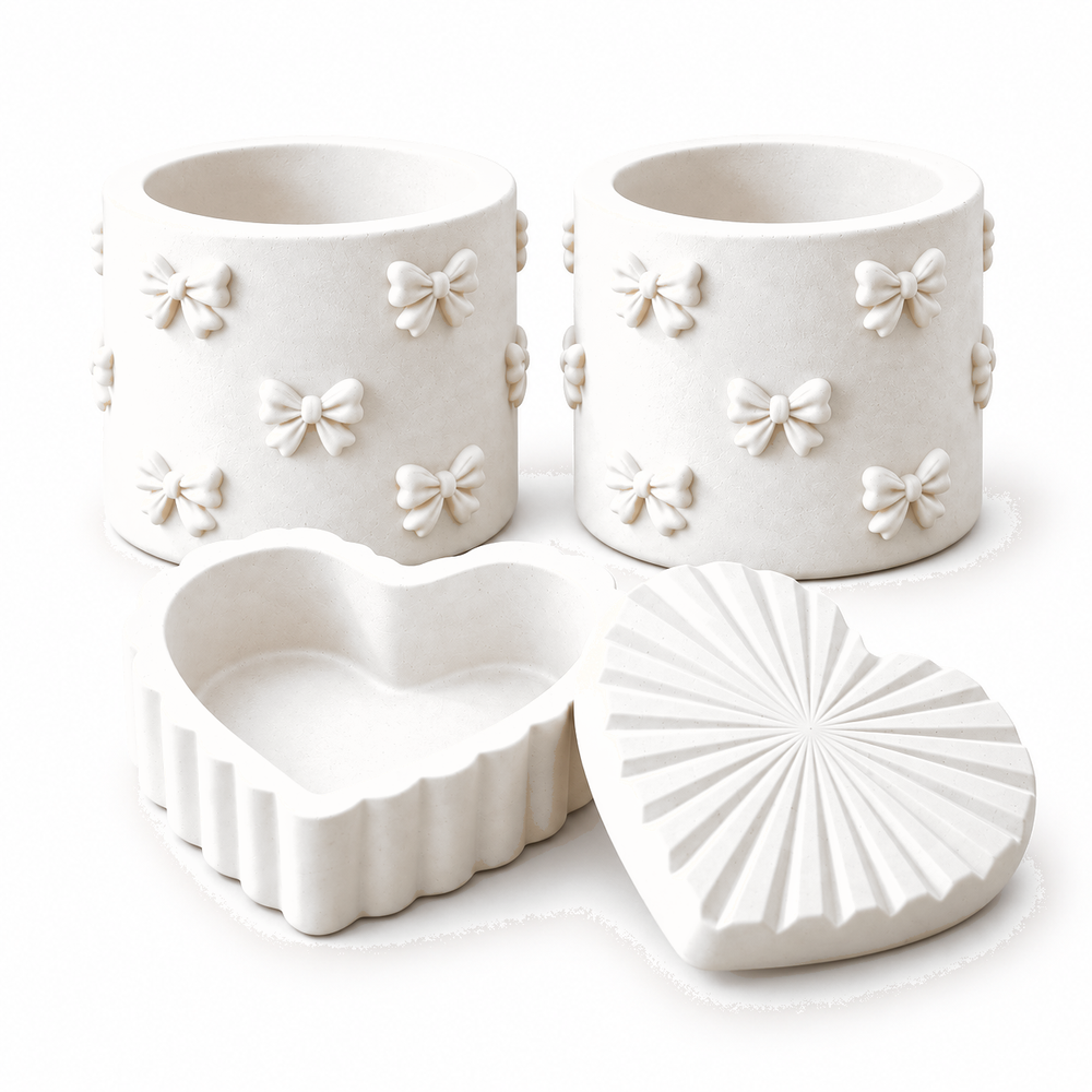 Heart Trinket Box with 2 Bow Holders — White Gypsum on a clean white background