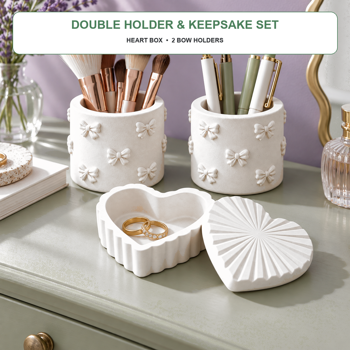 Heart Trinket Box with 2 Bow Holders — White Gypsum styled in a modern home