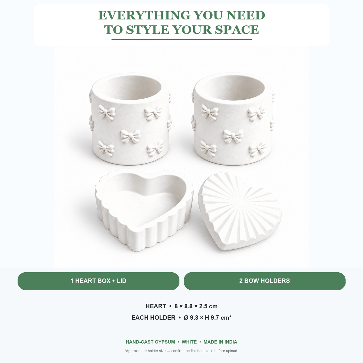 What is included and approximate sizes for Heart Trinket Box with 2 Bow Holders — White Gypsum