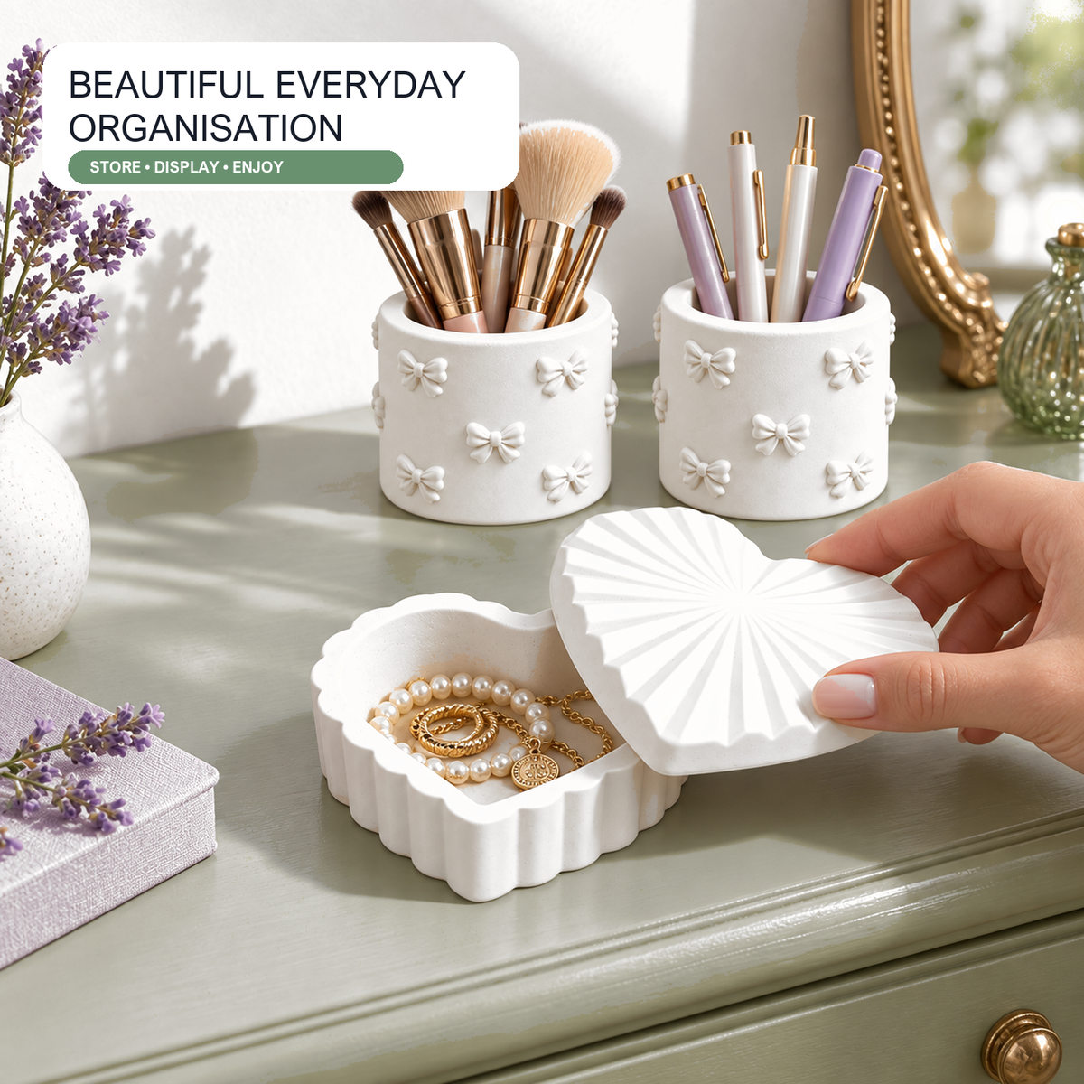 Heart Trinket Box with 2 Bow Holders — White Gypsum shown in everyday use
