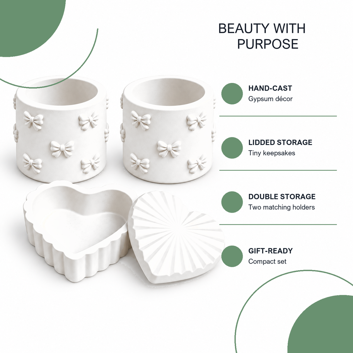 Features and benefits of Heart Trinket Box with 2 Bow Holders — White Gypsum