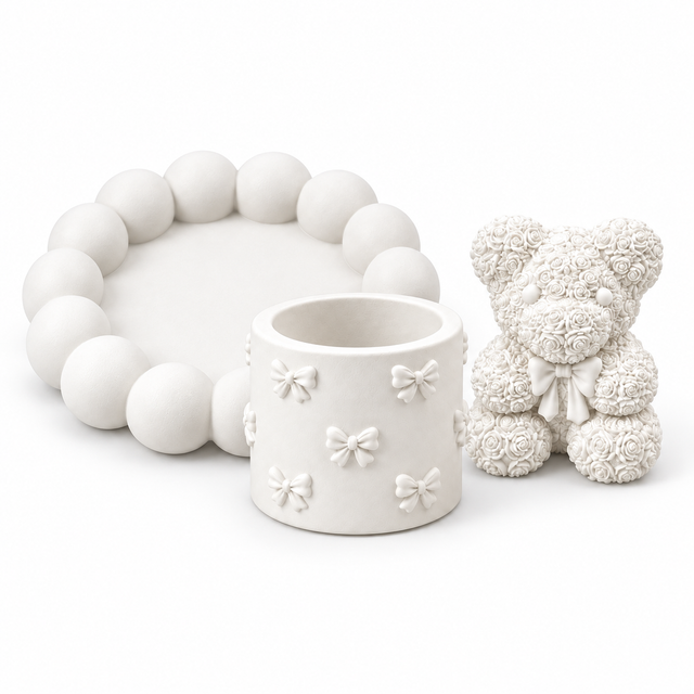 Bubble Tray, Bow Holder & Rose Teddy — White Gypsum