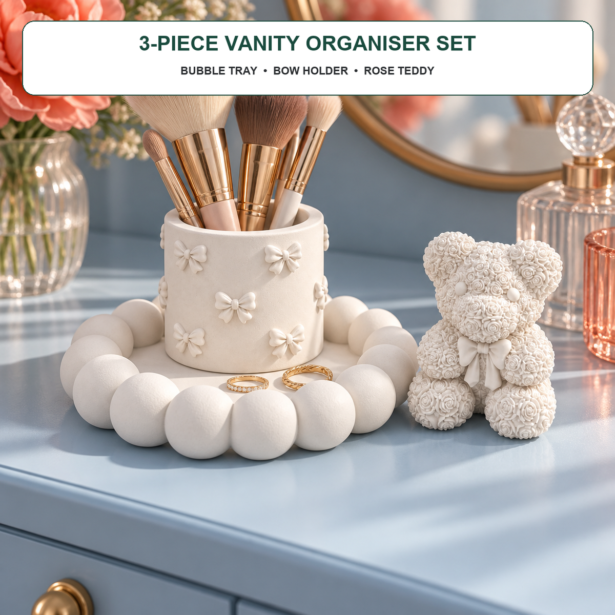 Bubble Tray, Bow Holder & Rose Teddy — White Gypsum styled in a modern home