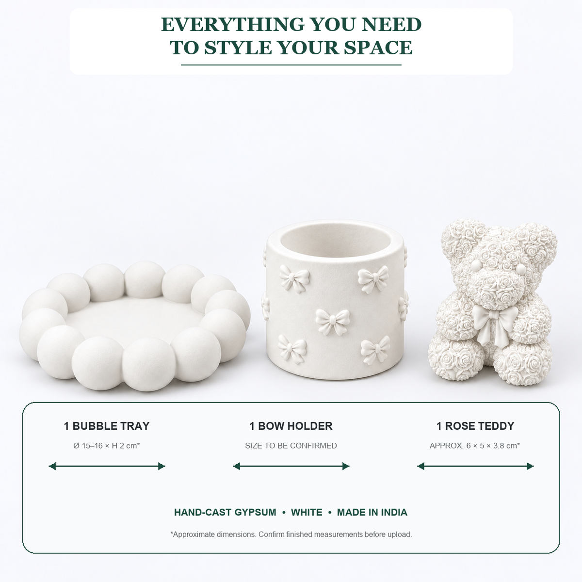 What is included and approximate sizes for Bubble Tray, Bow Holder & Rose Teddy — White Gypsum