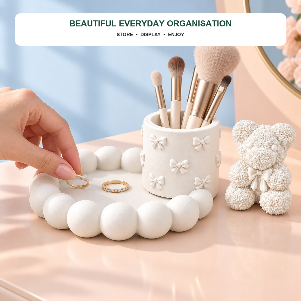 Bubble Tray, Bow Holder & Rose Teddy — White Gypsum shown in everyday use