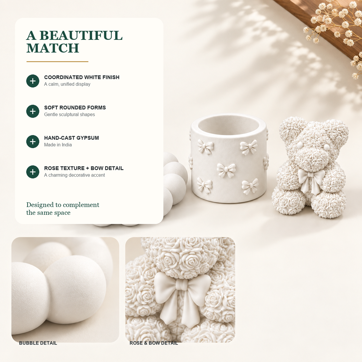 Features and benefits of Bubble Tray, Bow Holder & Rose Teddy — White Gypsum