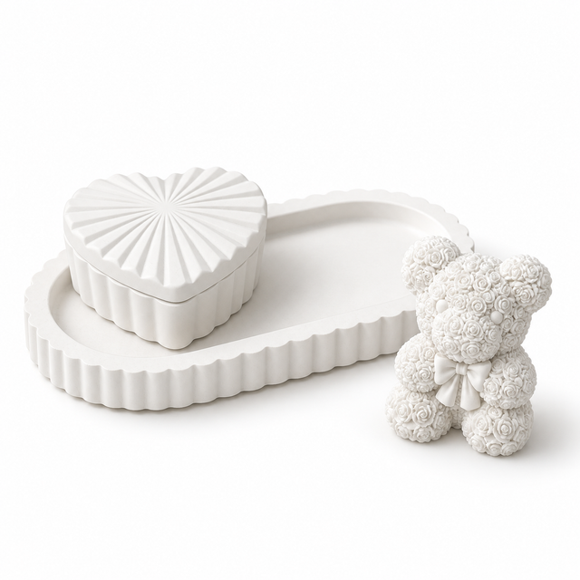 Oval Tray, Heart Box & Rose Teddy — White Gypsum