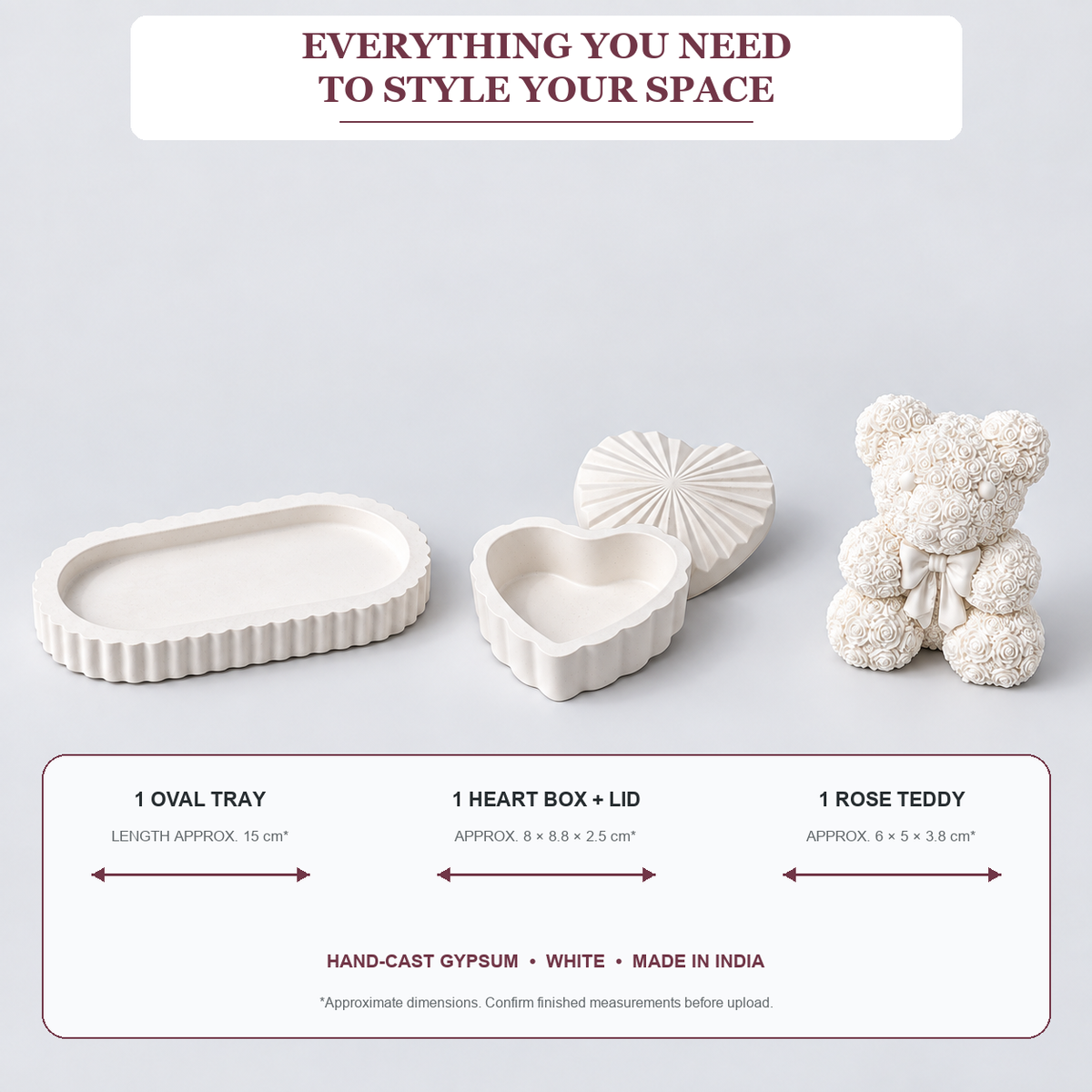 What is included and approximate sizes for Oval Tray, Heart Box & Rose Teddy — White Gypsum