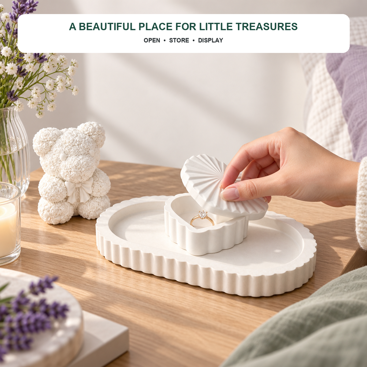 Oval Tray, Heart Box & Rose Teddy — White Gypsum shown in everyday use
