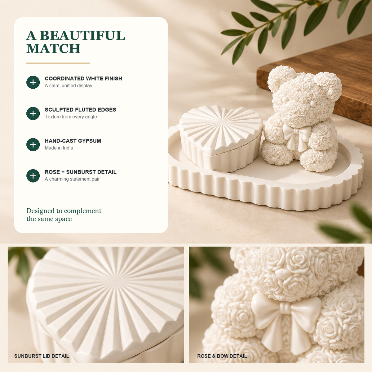 Features and benefits of Oval Tray, Heart Box & Rose Teddy — White Gypsum